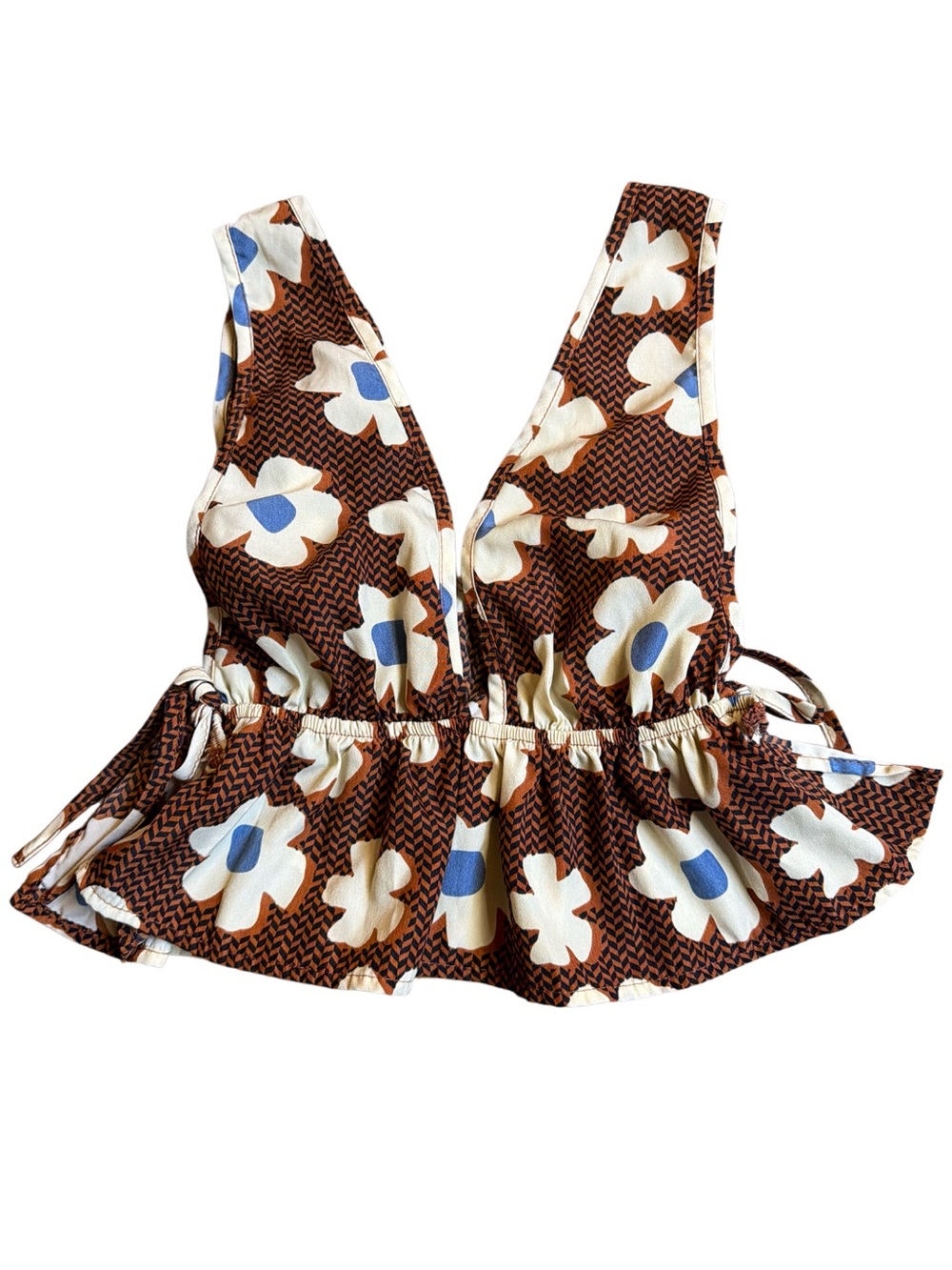 Cider Brown Floral Peplum V-Neck Camisole with Cream & Blue Accents